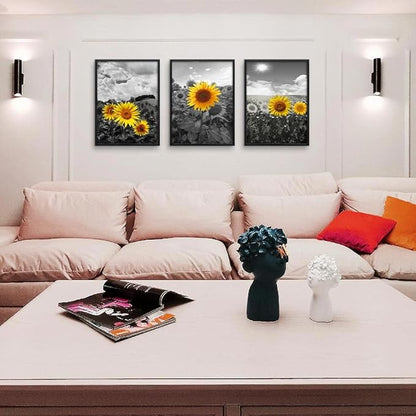 Black Framed Wall Art For Living Room Wall Decor For Bedroom Sunflower Flowers Wall Paintings Room Decor Black And White Pictures Artwork Kitchen Home Decoration Set of 3 Piece Framed Art Prints