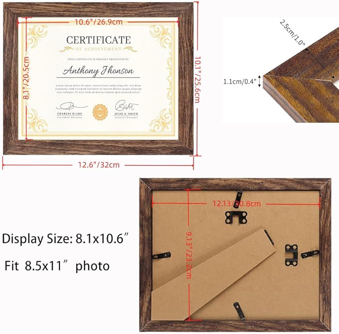 PETAFLOP 8.5x11 Picture Frame Set of 7, Rustic Certificate Frame Display 8.5 by 11 Inch Photo for Wall or Tabletop