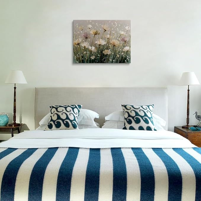 Serene White Lavender Floral Canvas Wall Art Framed Oil Painting Impressionist Botanical Print Thick Textured Artwork Pastel Wall Decor Poster for Calming Bedroom Living Room Home Decor 16x24 Inches