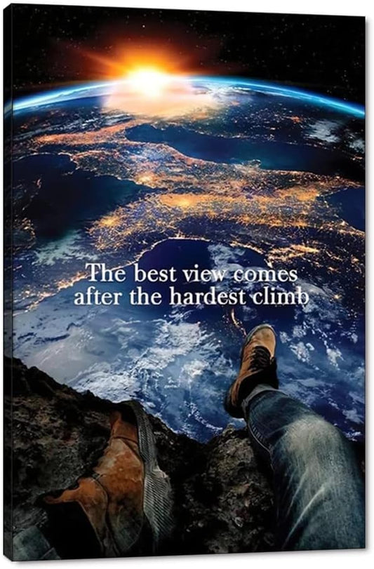 Framed Inspirational Office Canvas Wall Art The Best View Comes After The Hardest Climb Motivational Success Quotes Inspirational Motivational Poster and Prints Canvas Painting Ready to Hang-24"Wx36"H