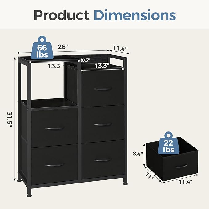 DUMOS TV Stands for Bedroom with 5 Drawers, 5-Drawer Chest of Drawers with Raised Shelf, Storage Tower with Fabric Bins for Closet Organization, Hallway Storage, Ink