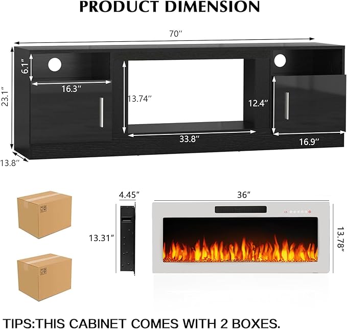 Lemberi Fireplace tv Stand with 36 inch White Fireplace Up to 80" TVs,LED Light Entertainment Center and Storage, 70" Modern Wood Media TV Console with Highlight Cabinet for Living Room