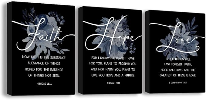 Faith, Hope & Love Bible Verse Inspirational Wall Art, Christian Canvas, A Great Religious Decor Gift for Living Room & Bedroom, (29 x 38cm x 3pcs) Framed (Black)