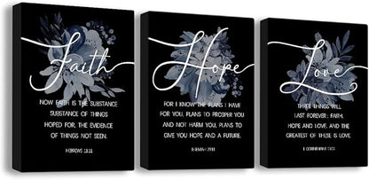 Faith, Hope & Love Bible Verse Inspirational Wall Art, Christian Canvas, A Great Religious Decor Gift for Living Room & Bedroom, (29 x 38cm x 3pcs) Framed (Black)