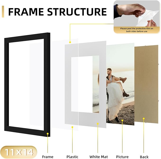 YESKAY 11x14 Picture Frame Set of 9, Photo Gallery Wall Frame Set, Display Pictures 8x10 with Mat or 11 x 14 Without Mat, Multi Photo Frames for Wall Mounting or Table Top Display, Black