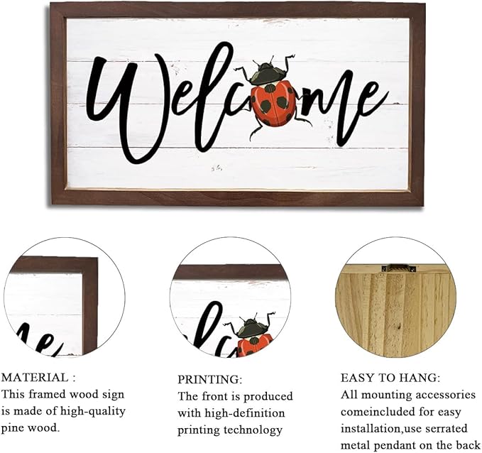 Ladybug Welcome Decor, Front Door Porch Signs, Welcome Decoration for Wall, Farmhouse Home Decors for Indoor Outdoor, Garden Yard Decors, Wooden Framed Wall Plaque 15×7.5×0.3 inches