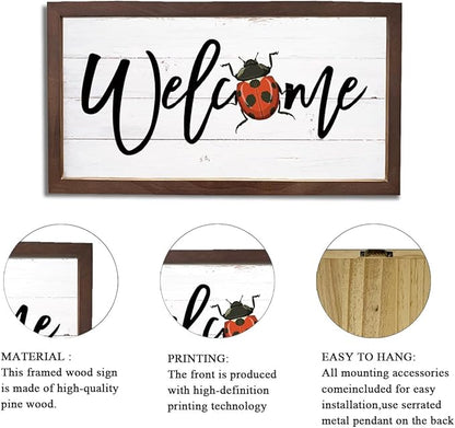 Ladybug Welcome Decor, Front Door Porch Signs, Welcome Decoration for Wall, Farmhouse Home Decors for Indoor Outdoor, Garden Yard Decors, Wooden Framed Wall Plaque 15×7.5×0.3 inches