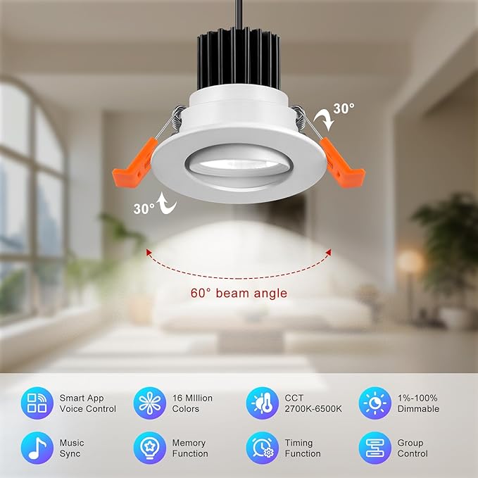 2 Inch Smart Recessed Lighting, 5W WiFi Recessed LED Lights, Dimmable RGB Color Changing & CCT 2700K–6500K, Compatible with Alexa & Google Home, 120V Recessed Ceiling Light with Driver (4 Pack)