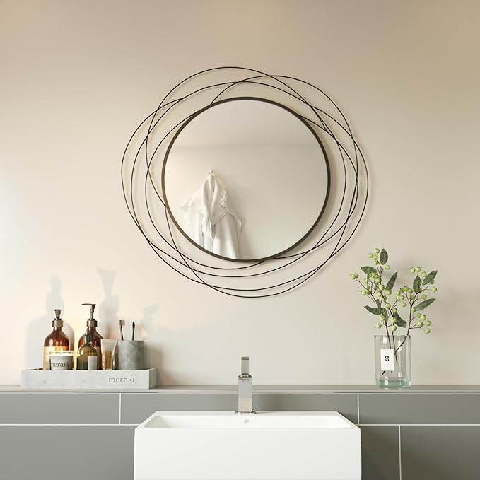ironsmithn Round Wall Mirror, Black Metal Frame Mirror with Orbital Design, Rounded Hanging Mirrors Decorative, Circle Mirrors for Bathroom Vanity Living Room Bedroom, 26.8" x26.8"