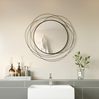 ironsmithn Round Wall Mirror, Black Metal Frame Mirror with Orbital Design, Rounded Hanging Mirrors Decorative, Circle Mirrors for Bathroom Vanity Living Room Bedroom, 26.8" x26.8"