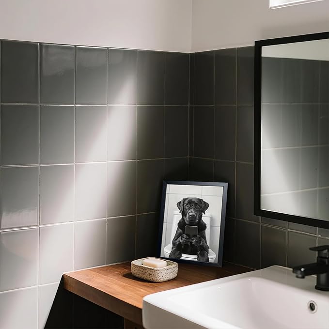 Black and White Bathroom Wall Art, Funny Labrador Dog Canvas Prints Poster, Cute Animal Sitting on Toilet Looking at Phone Picture, Modern Farmhouse Restroom Bathroom Home Wall Decor 8x10 Inch Framed