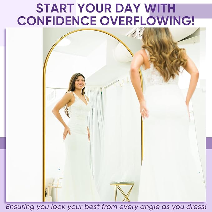 44"×88" Arched Full Length Floor Mirror, Standing Mirror with Aluminum Frame, Large Body Mirror of Free Standing/Wall Mount/Leaning for Bedroom, Living Room, Dressing Room, Gold