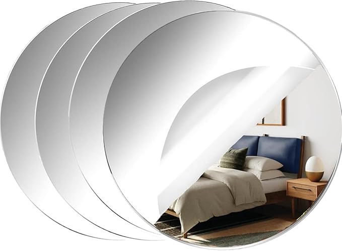 Acrylic Round Mirrors, 6 inch No Glass Circle Mirror Tiles Self Adhesive Mirror Stickers for Wall Home Living Room Bedroom Decor, Small Mirrors for Crafts (4, 6 inch/15cm)