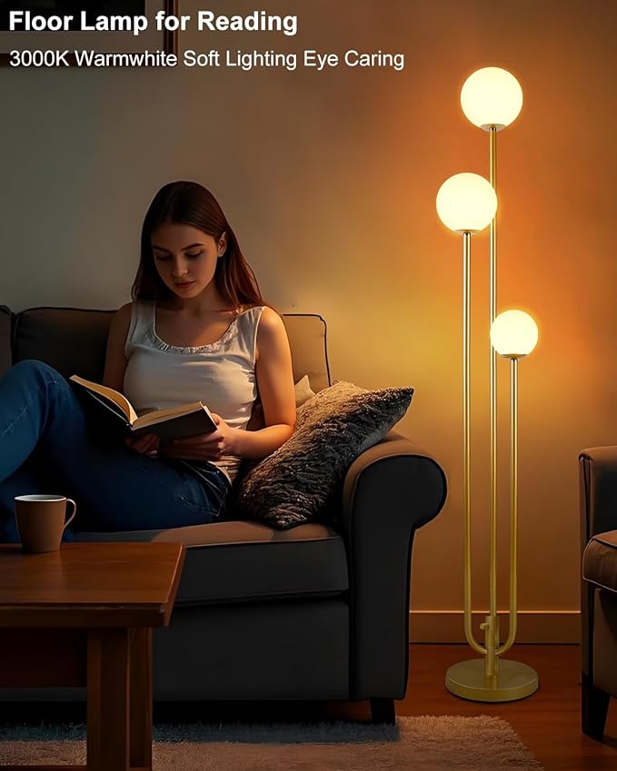 63IN 3-Light Dimmable Floor Lamp, Unique Gold Tall Standing Lamps with 3000K G9 Bulbs for Reading, Mid Century Modern Floor Lamp with 5Lbs Heavy Base for Living Room Bedroom Home Office