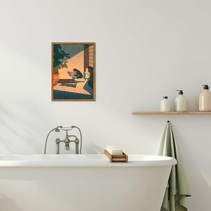 Funny Frog Bathroom Wall Art, Cute Japanese Frog in Toilet Wall Decor, Whimsical Green Animal Restroom Poster Canvas Painting Prints Artwork 12x16 inch Framed