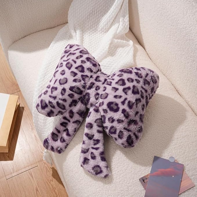 2 Pack Cute Leopard Print Bow Throw Pillows Furry Cheetah Bownote Plush Pillow Decor Bow Lumbar Suffed Pillow for Home Living Room Bedroom Bed Couch Cushion