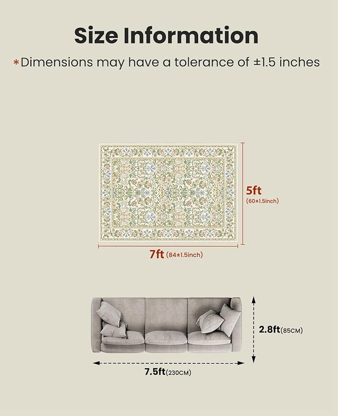 AMADA HOMEFURNISHING 5x7 Area Rug, Washable Living Room Rug with Non-Slip Backing, Low Pile and Durable Edge Binding, Vintage Soft Floral Rugs for Living Room, Bedroom, Dining Room