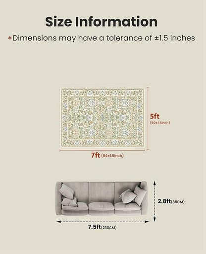 AMADA HOMEFURNISHING 5x7 Area Rug, Washable Living Room Rug with Non-Slip Backing, Low Pile and Durable Edge Binding, Vintage Soft Floral Rugs for Living Room, Bedroom, Dining Room