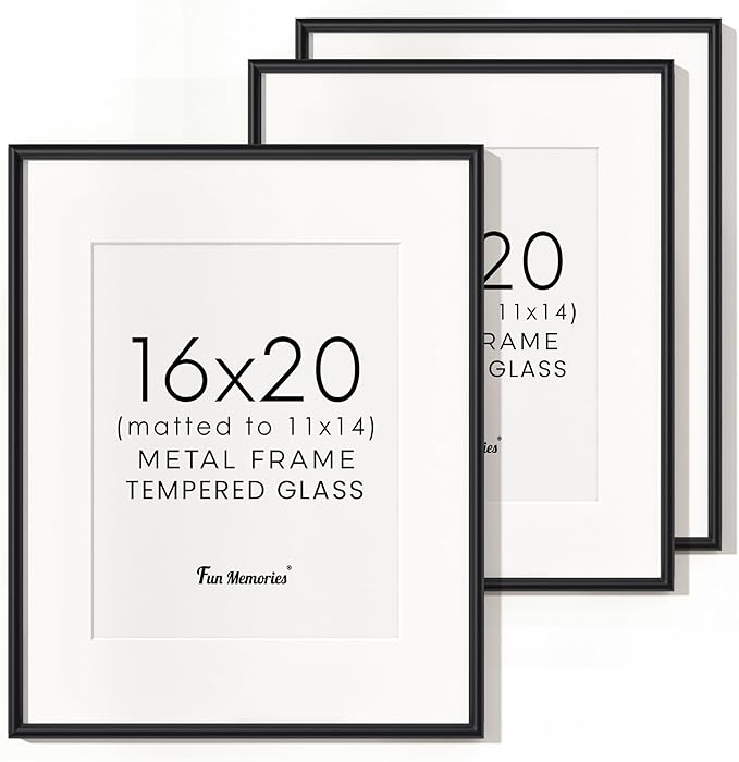 Fun Memories 16x20 Aluminum Picture Frame Black, 16"x20" Frame for Wall with Real Glass, 16 x 20 Black Metal Frame, 16x20 Picture frame Matted to 11x14, Set of 3