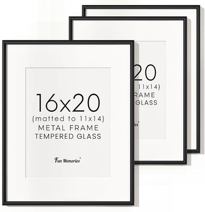 Fun Memories 16x20 Aluminum Picture Frame Black, 16"x20" Frame for Wall with Real Glass, 16 x 20 Black Metal Frame, 16x20 Picture frame Matted to 11x14, Set of 3
