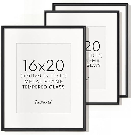 Fun Memories 16x20 Aluminum Picture Frame Black, 16"x20" Frame for Wall with Real Glass, 16 x 20 Black Metal Frame, 16x20 Picture frame Matted to 11x14, Set of 3