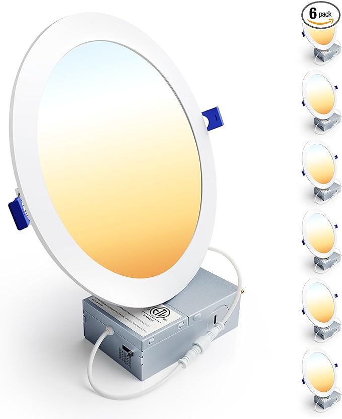 Ensenior 6 Pack 8 Inch LED Recessed Light, Dimmable, 2700K-5000K 5CCT, 1600LM High Brightness, 18W 120V, Damp Rated, Ultra-Thin Canless Wafer Light - ETL & FCC & IC