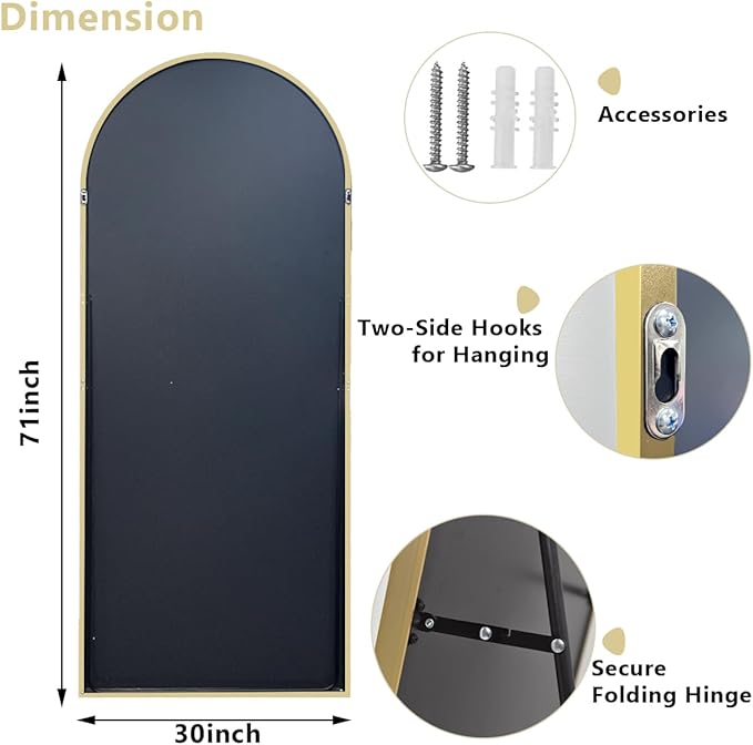 Easly 71"x30" Extra Large Arched Full Length Mirror - Leaning Mirror Arch Wall-Mounted Mirrors - Aluminum Alloy Frame Modern Simple Home Decor - for Living Room Bedroom Cloakroom, Gold