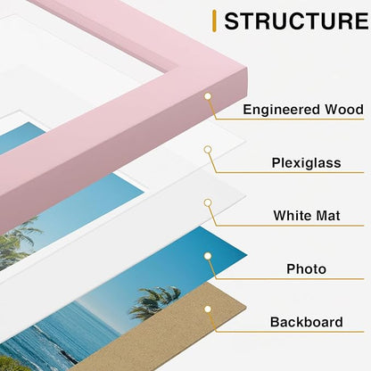 Vittanly 5x7 Picture Frames Set of 9, Display 4x6 Pictures with Mat or 5x7 without Mat, Photo Frames for Wall or Tabletop with Plexiglass, Engineered Wood, Pink