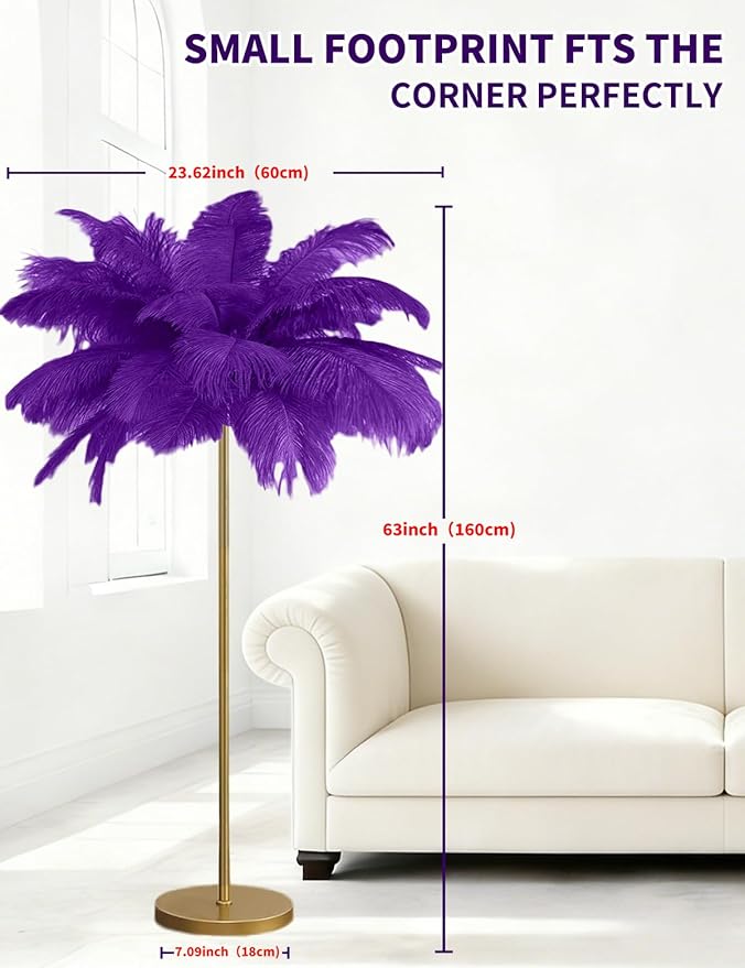 Feather Floor Lamp,Fluffy Ostrich Feather Floor Lamp for Bedroom,3 Color Temperatures Led Corner Modern Floor Lamps for Living Room Christmas Home Decor House Warming Gifts,63″ Height (Deep Purple)