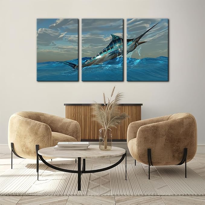 Pacimo Fish Canvas Art Wall Decor Blue Marlin Fish Bursts from Ocean Waters Pictures Prints on Canvas Tropical Animal Paintings 3 Panels Modern Artwork Home Decoration Framed Ready to Hang - 16"x24"x3