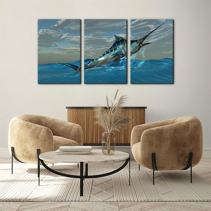 Pacimo Fish Canvas Art Wall Decor Blue Marlin Fish Bursts from Ocean Waters Pictures Prints on Canvas Tropical Animal Paintings 3 Panels Modern Artwork Home Decoration Framed Ready to Hang - 16"x24"x3