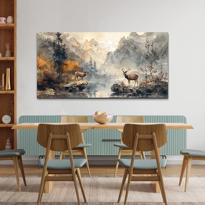 KELIYUAN Framed Canvas Wall Art Decor Living Room Large Wall Decorations For Office Mountain Landscape Ink Painting Abstract Pictures Bedroom Wall Decor Artwork Room Mural Home Decor 24x48 In
