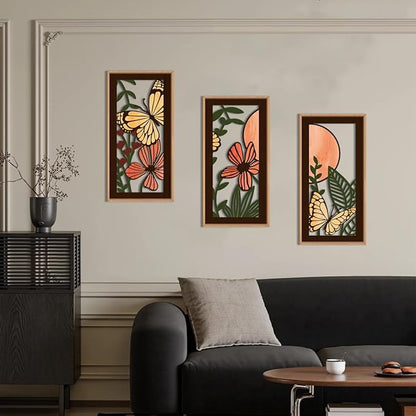 IARTTOP Wood Floral Framed Wall Art 8x16 Inch Set of 3 Abstract Green Leaf Butterfly Wooden Wall Decor Minimalist Nature Landscape Artwork for Living room Bedroom Dining room