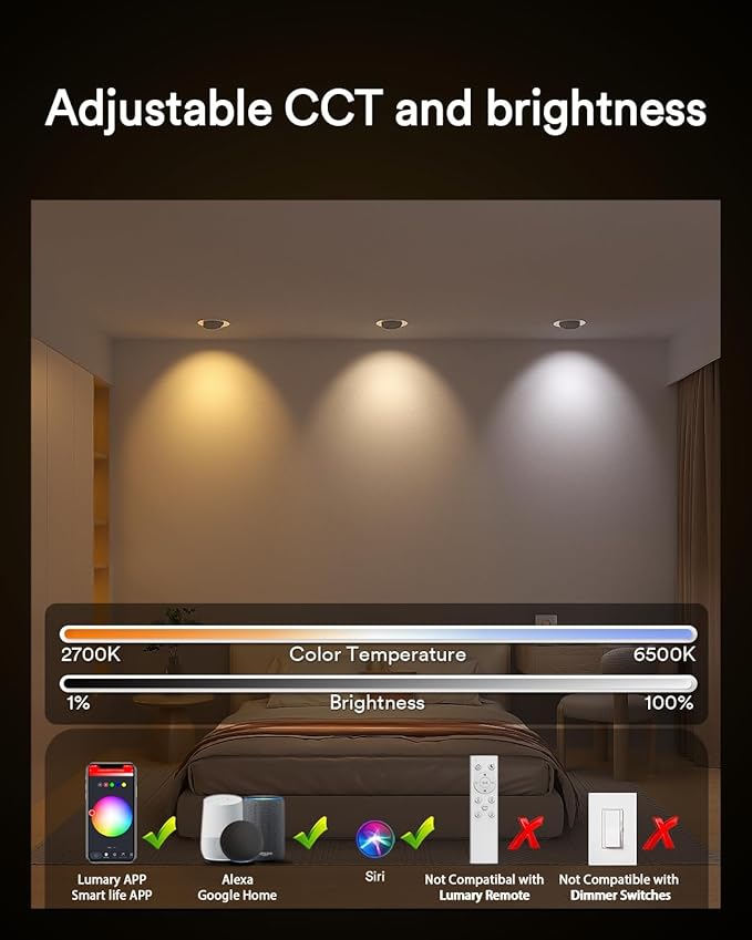Lumary 4 Inch Smart Gimbal Recessed Lighting Ultra with 2200k Night Light，270°+90°Rotatable LED Recessed Lights, 9W 600LM Angled Adjustable LED Downlight, Works with Alexa & Google Assistant, 4Pack