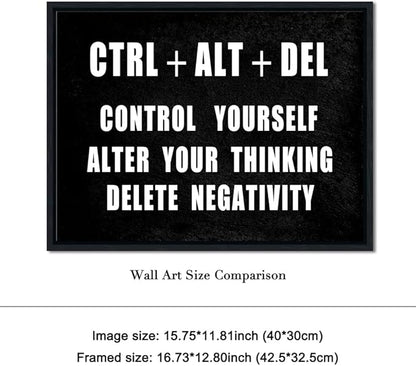 Pyradecor Black Framed Canvas Wall Art Motivational CTRL+ALT+DEL Classroom Positive Quotes Inspirational Poster Canvas Prints for Office Home Decorations
