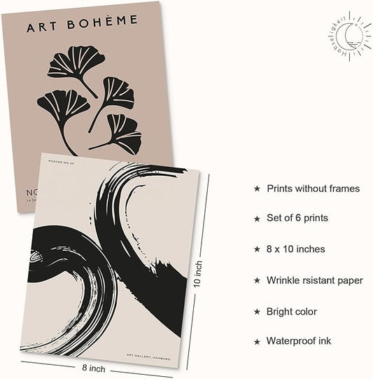 Habseligkeit Brown Abstract Posters for Room Aesthetic, Minimalist Matisse Wall Art Prints, Retro Room Decor Aesthetic Vintage Prints for Wall Decor Unframed, 8x10in, Set of 6