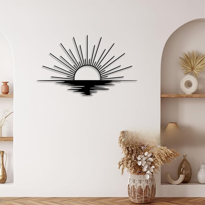 Line Sunrise Sunset Metal Wall Decor - Minimalist Room Decor Black Wall Art Home Decor for Living Room, Bathroom, Bedroom, Dining Room, Entrance (Black)