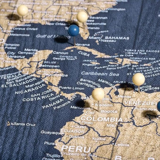 Conquest Maps World Travel Map with Pins Deep-Sea Drift Style Push Pin Travel Map Cork Board, Track Your Travels w/a Handmade Unique Canvas Pinable Map (48" x 32")