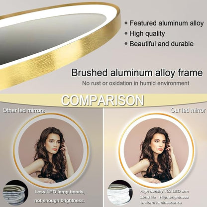 36 Inch Gold Round LED Mirror with Lights Gold Frame Round Lighted Mirror for Bathroom Wall Gold Round Lighted Vanity Mirror with Light 3 Color Dimmable AntiFog 36" Circle Light up Smart Mirror