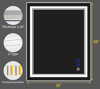 48"x36" LED Bathroom Mirror with Anti-Fog, Stepless Dimmable Lights, 3 Color Modes, Shatter-Proof Tempered Glass,Waterproof Design