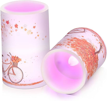 ALAZA Autumn Fall Tree and A Bicycle Thanksgiving Flickering Flameless Candles Battery Operated with Remote Timer,Tea Light Candles LED Pillar Votive Candles Set of 2 for Outdoor Indoor Decorations