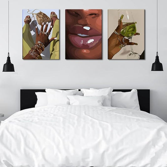 Black Girl Wall Art Framed Set of 3 - African Woman Canvas Home Decor American Woman Wall Decor Black Female Print Pictures Fashion Abstract Poster for Home Bedroom Bathroom 16×24 Inch