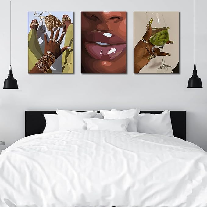 Black Girl Wall Art Framed Set of 3 - African Woman Canvas Home Decor American Woman Wall Decor Black Female Print Pictures Fashion Abstract Poster for Home Bedroom Bathroom 12×16 Inch