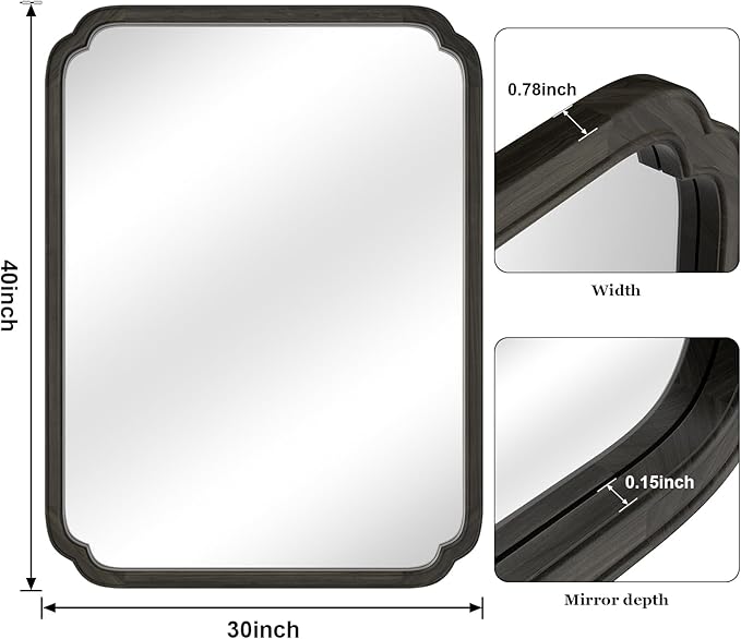 HOMECOOKIN Wood Bathroom Mirror for Wall Decor Arched Rounded Corner Rustic Wood Frame Wall Mirror Home Decorative for Vanity, Living Room, Bedroom, Entryway (30 x 40 inch, Black)