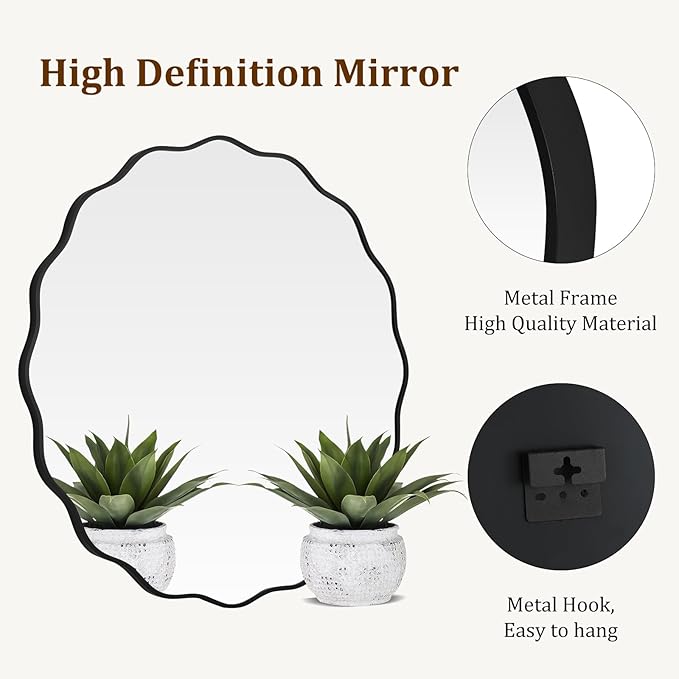 WallBeyond Round Wavy Mirror for Wall Decorative 36 inch, Modern Round Mirror Aluminum Frame for Bathroom Bedroom Living Room Home House Office Entryway, Black