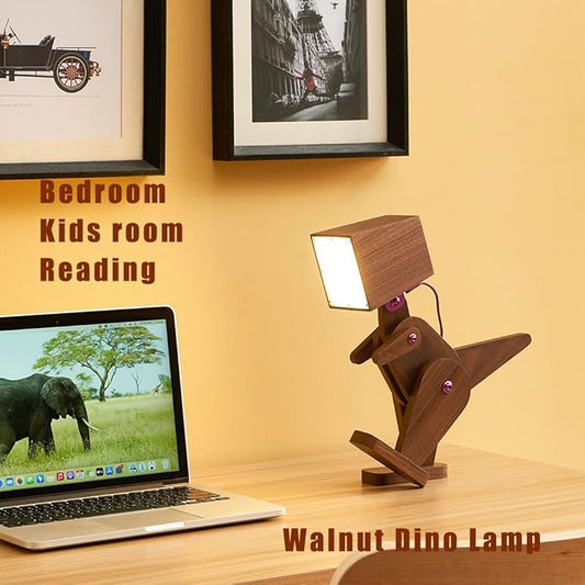 Novelty Unique Wood Dinosaur Table Lamp for Bedroom, Bedside, Kids Room - 3 Levels Dimmable Touch Control Adjustable Robot Design Natural Finish Desk Light for Living Office Farmhouse (Black)