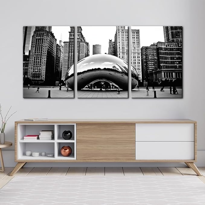 3 Pieces Black and White Wall Art - The Millennium Park in Downtown Chicago Photograph Picture Print on Canvas - Cloud Gate Canvas Wall Art for Modern Home Decor Ready to Hang - 20"x28"x3 Panel