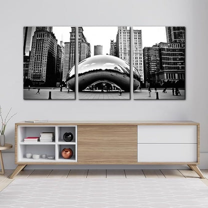 3 Pieces Black and White Wall Art - The Millennium Park in Downtown Chicago Photograph Picture Print on Canvas - Cloud Gate Canvas Wall Art for Modern Home Decor Ready to Hang - 20"x28"x3 Panel