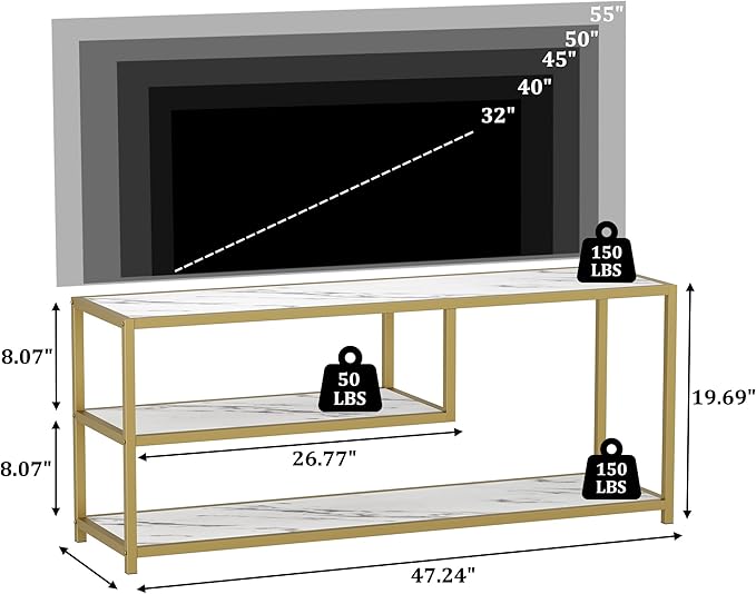 Function Home TV Stand for TVs up to 55 Inch, 3 Tier Entertainment Center, Media Console with Open Storage Shelves for Living Room Bedroom, 47” Modern TV Table with Faux Marble Top Gold Metal Leg