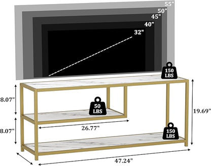 Function Home TV Stand for TVs up to 55 Inch, 3 Tier Entertainment Center, Media Console with Open Storage Shelves for Living Room Bedroom, 47” Modern TV Table with Faux Marble Top Gold Metal Leg